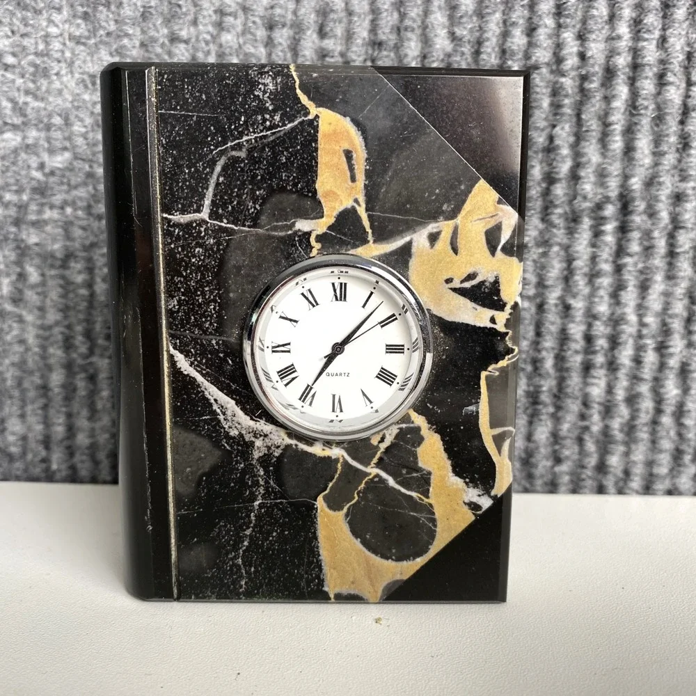 Vintage Marble Book Desk Clock Black Gold Veined Quartz Roman Numeral Office
